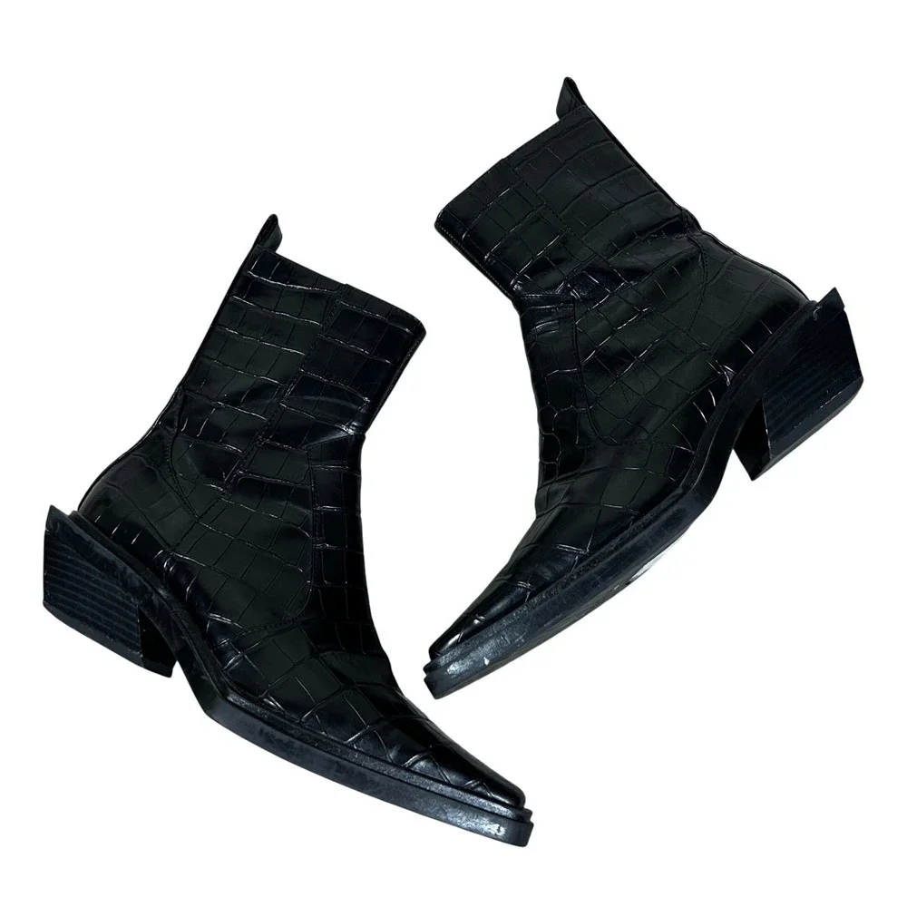 Zara Croc Embossed Square Toe Ankle Boots Black Architectural Heel Size 38 / 7.5